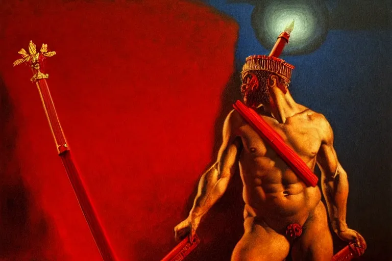 Image similar to only with red, a red melted apollo with a laurel wreath and a flaming sword announce the win, atene in the background, in the style of beksinski, part by hopper, part by rodcenko, part by hofbauer, intricate composition, red by caravaggio, insanely quality, highly detailed, masterpiece, red light, artstation