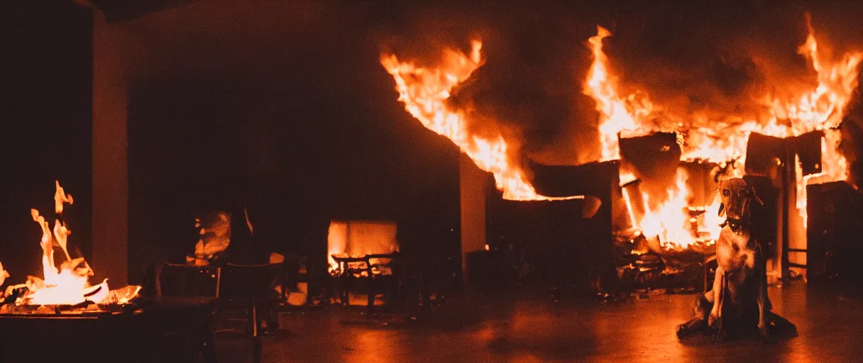 Image similar to a studio photograph (flash on) of a big fire on a dining room on fire, an human-like relaxed dog sitting on a wooden chair at a table (no fire at all there), lights on, ☕ on the table, surrounded by flames, a lot of flames behind the dog, black smoke instead of the ceiling, no watermark