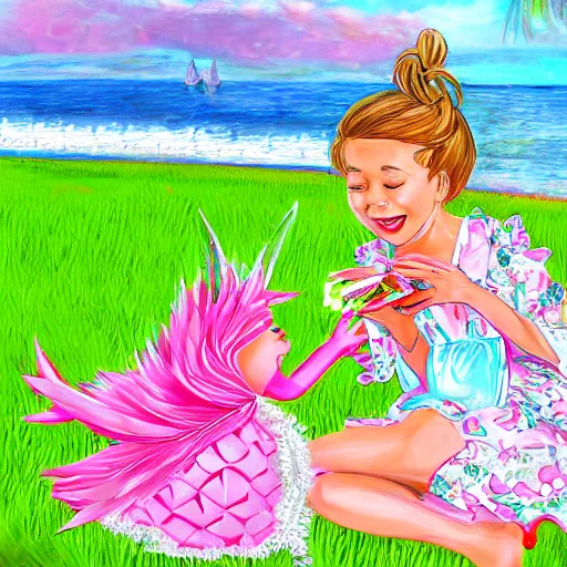 Prompt: pinkalocious on the beach, eating a pink pineapple, while talking to fancy nancy, who is wearing a butterfly princess dress, detailed, realistic, digital art, hq