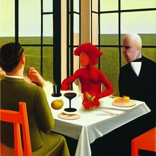 Image similar to a demon takes you out for a nice dinner by Raphael, Hopper, and Rene Magritte. detailed, romantic, enchanting, trending on artstation.