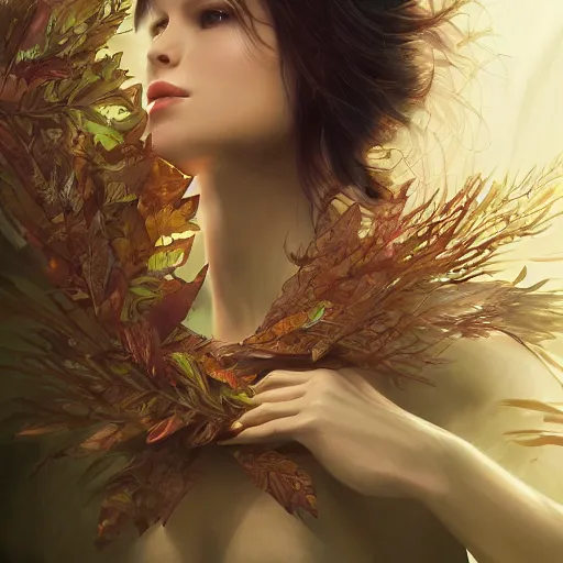 Image similar to a highly detailed digital image of a futuristic woman elegantly wrapped with leaves, artstation, extremely detailed woman, stunning volumetric lighting, hyper realism, fantasy 4k, art by Janice Sung