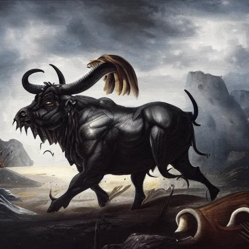 Prompt: A detailed dark painting of a dark raging minotaur looking aggressive and confused, he is surrounded by a ruin, he is floundering, there is a ladder in the background it is going upwards, muffled colours