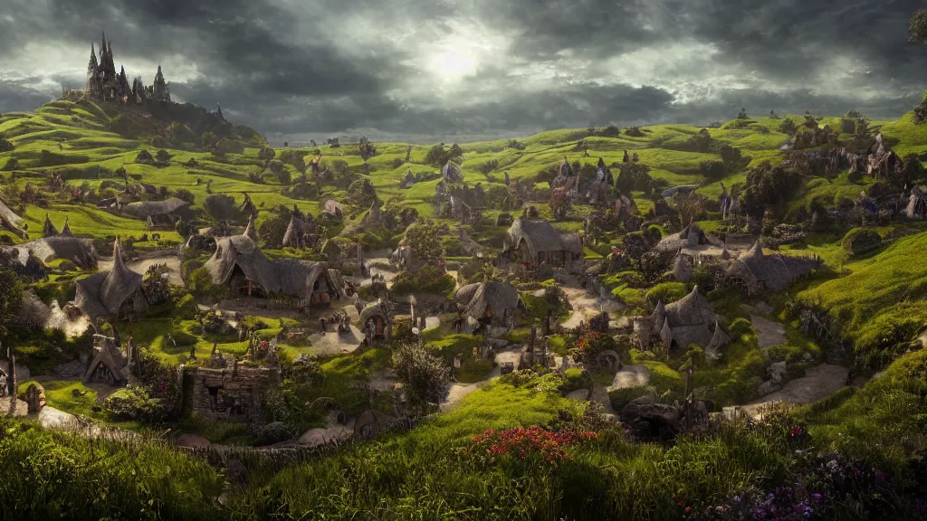 Image similar to a beautiful wide shot of hobbiton, middle earth, alan lee, fromsoftware, elden ring, dark souls, bloodborne, dark fantasy, realistic, highly detailed, 8 k, volumetric lighting, sinister lighting, detailed terrain, concept art, matte painting