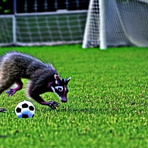 Prompt: a photograph of a soccer match between racoons and opossums