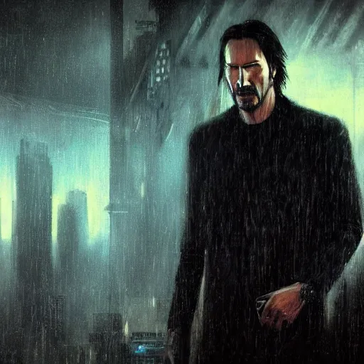 Image similar to closeup portrait of keanu reeves in blade runner, city background, dramatic light, gorgeous view, depth, high detail, digital art, painted by greg rutkowski and seb mckinnon, by tim burton, trending on artstation