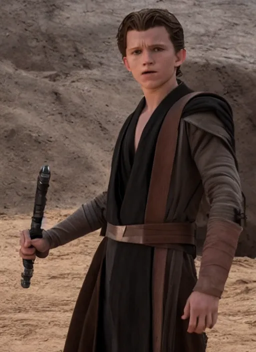 Prompt: tom holland plays anakin skywalker in the live action remake of star wars revenge of the sith, 3 5 mm photography, highly detailed, cinematic lighting, standing pose, 4 k