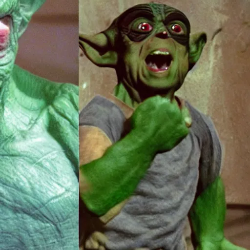 Prompt: a mix between Hulk and Yoda and Dobby and Gollum fighting robots, center frame medium shot, shot on technicolor cinemascope 35mm anamorphic lense, flare