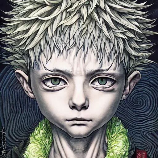 Image similar to beautiful portrait of killua zoldyck painted in jacek yerka aykut aydogdu and leslie zhang style drawn by vania zouravliov and takato yamamoto, inspired by cyberpunk, intricate acrylic gouache painting, high detail, sharp high detail, artstation, manga and anime