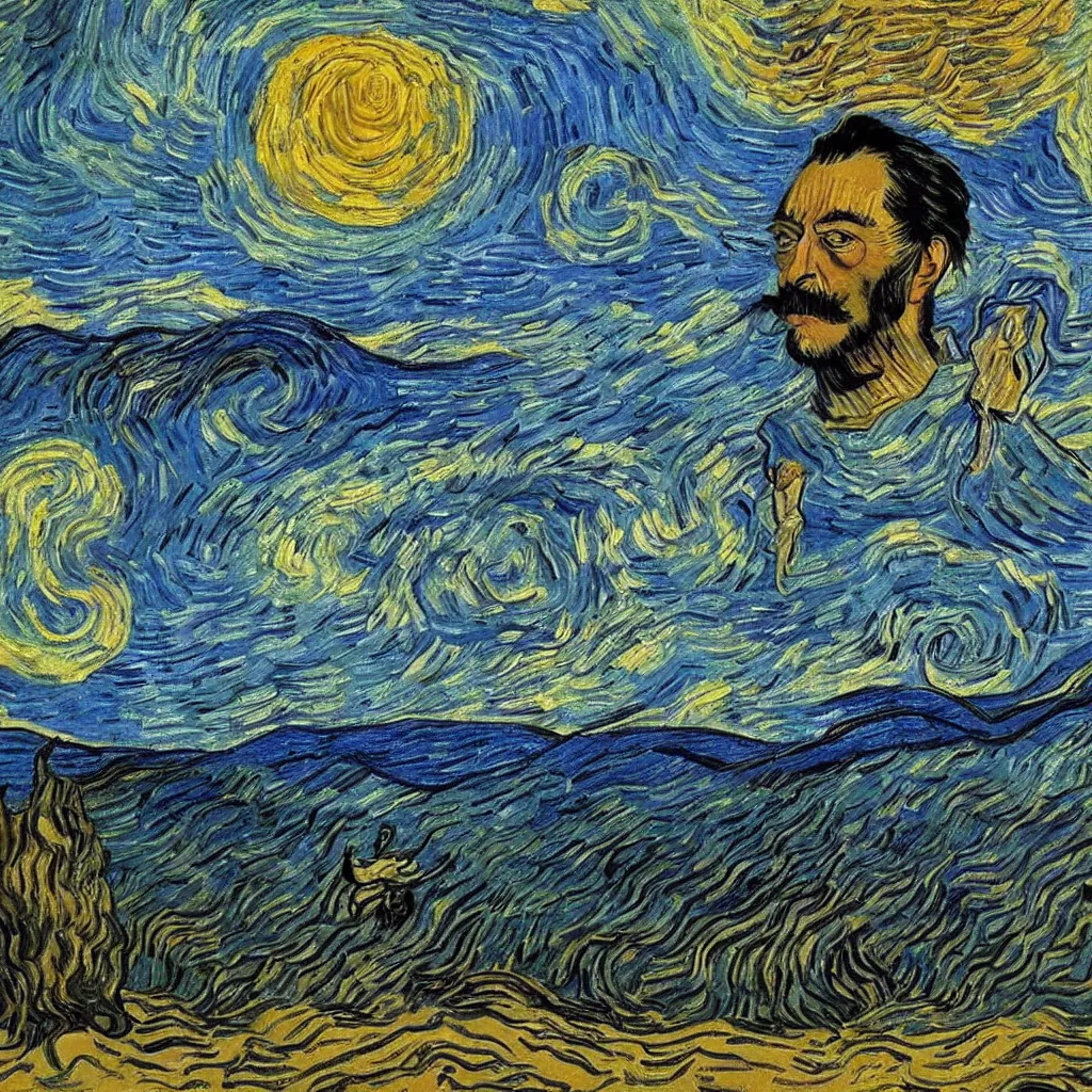 Prompt: Salvador Dalí portrait painted in Vincent van Gogh style in a surreal landscape