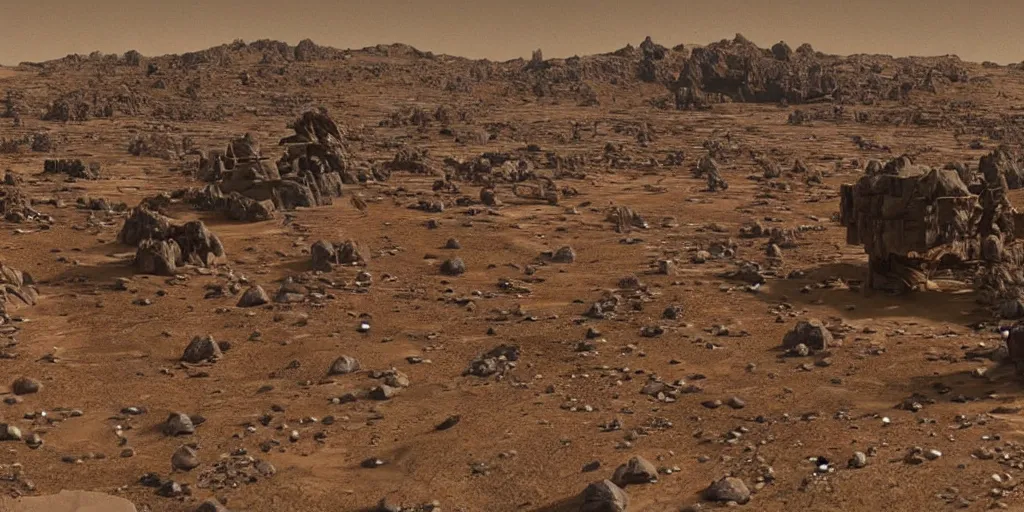 Prompt: screenshot of a sci-fi film of a desolate planet surface with mountains and mining caves, a small research outpost, 1980s sci-fi, film still, beige and dark atmosphere,