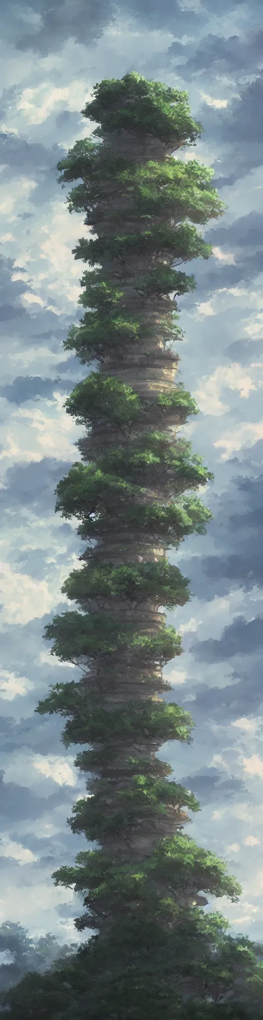 Prompt: one extremely tall pagoda with a path surrounded by mountains, stormy weather. Makoto Shinkai, anime, trending on ArtStation, digital art.