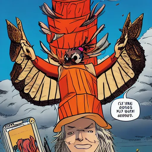 Prompt: ripped physique winged man Norm MacDonald disguised as a mothra whilst wearing a traffic cone hat cliff chiang roc upchurch brian k. vaughan vanesa r. del ray joelle jones mike mignola