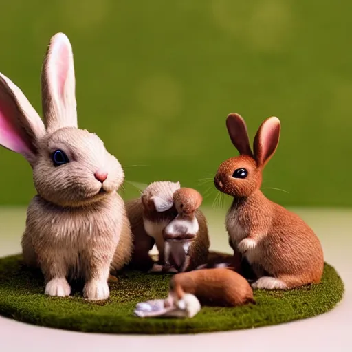 Prompt: A diorama of a bunny family sitting around the table having dinner