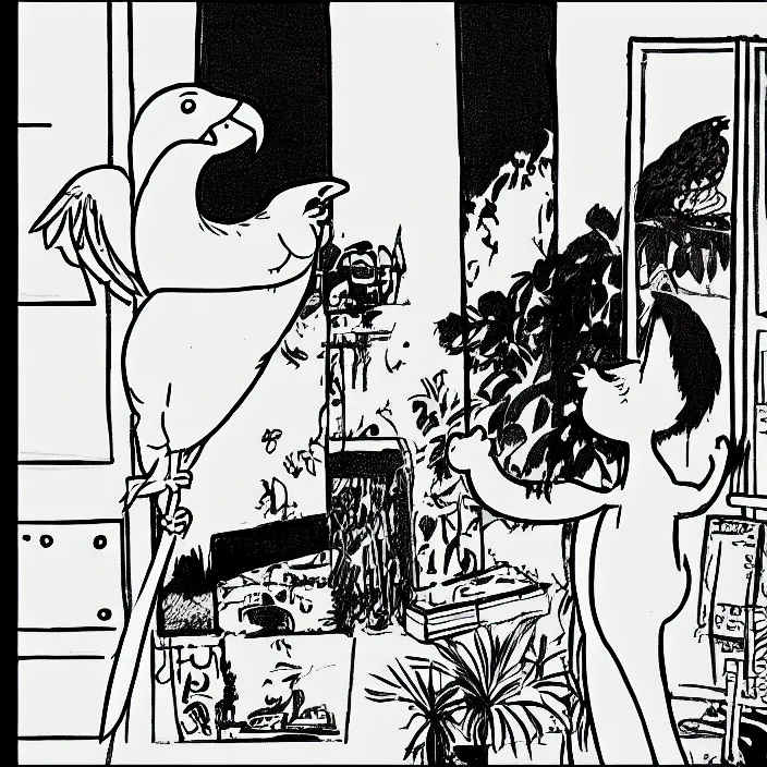 Image similar to a still frame from comic strip about the parrot having fun 1 9 9 0, new yorker illustration, monochrome contrast bw, lineart, manga, simplified