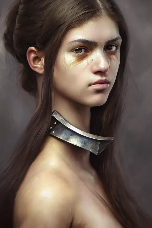 Image similar to a photorealistically painted portrait of an attractive young girl, partially clothed in military battle armor, with an abstractly painted background, flawless olive skin, fair complexion, long dark hair, beautiful bone structure, perfectly symmetric facial features, perfect photorealistic eyes, natural physique, intricate, elegant, digital painting, concept art, finely detailed, beautifully illustrated, sharp focus, minimal artifacts, volumetric lighting, from Halo, by Ruan Jia and Mandy Jurgens and Artgerm and William-Adolphe Bouguerea, in the style of Greg Rutkowski, trending on Artstation, award winning art