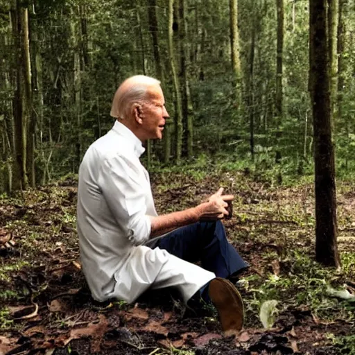 Image similar to joe biden eating mushrooms in the forest