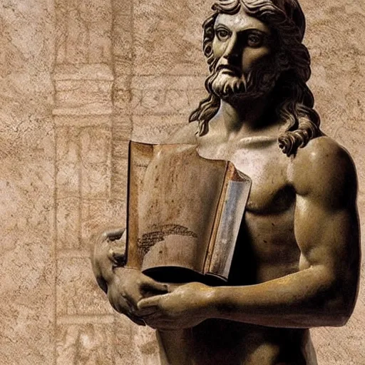 Prompt: greek statue of leonardo davinci holding a book, realistic, photorealistic