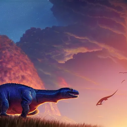 Prompt: A comet about to hit prehistoric earth, a dinosaur is looking at it, a volcano in the background,epic, extra detailed, digital illustration, by Makoto Shinkai and thomas kinkade, digital painting, Matte painting, trending on artstation and unreal engine