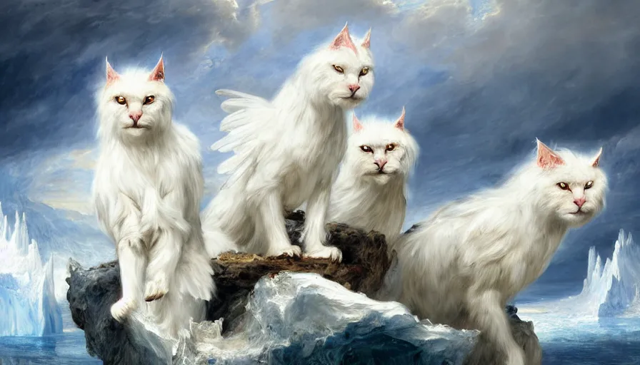 Image similar to highly detailed painting of white giant griffon cat bears with large feathered wings on a blue and white iceberg by william turner, by greg rutkowski, by william constable, thick brush strokes and visible paint layers, 4 k resolution