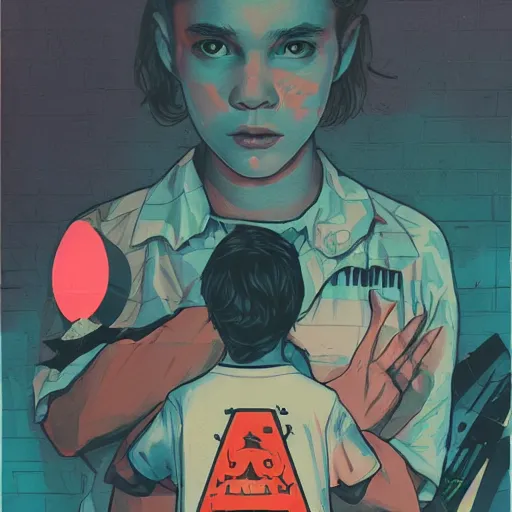 Prompt: 11 from Stranger Things by Sachin Teng , dark vibes, Organic Painting , Matte Painting, geometric shapes, hard edges, graffiti, street art:2 by Sachin Teng:4