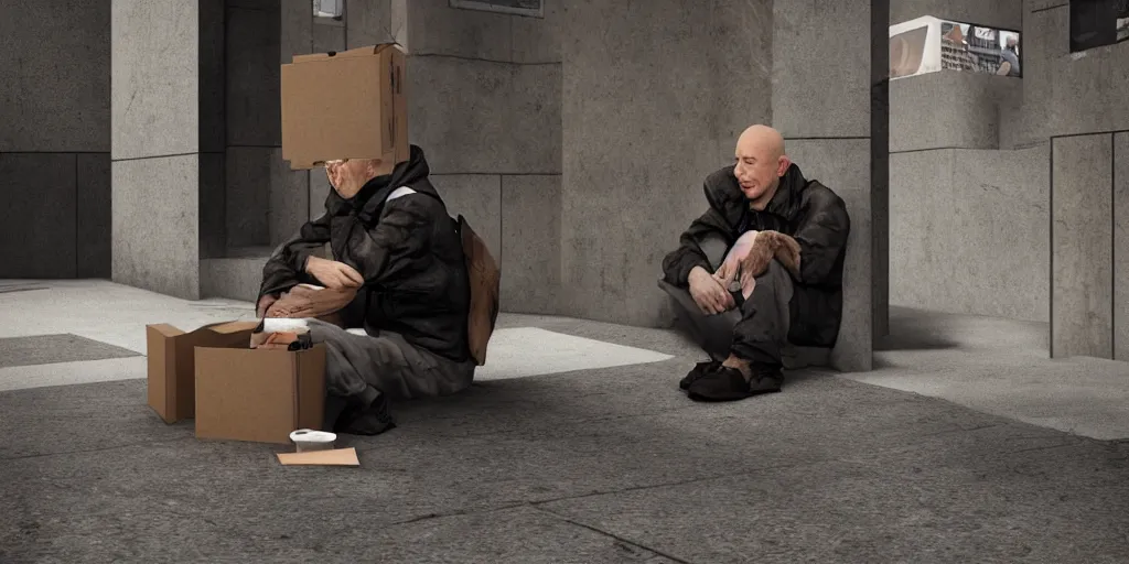 Image similar to homeless jeff bezos, focused shot, realistic, octane render