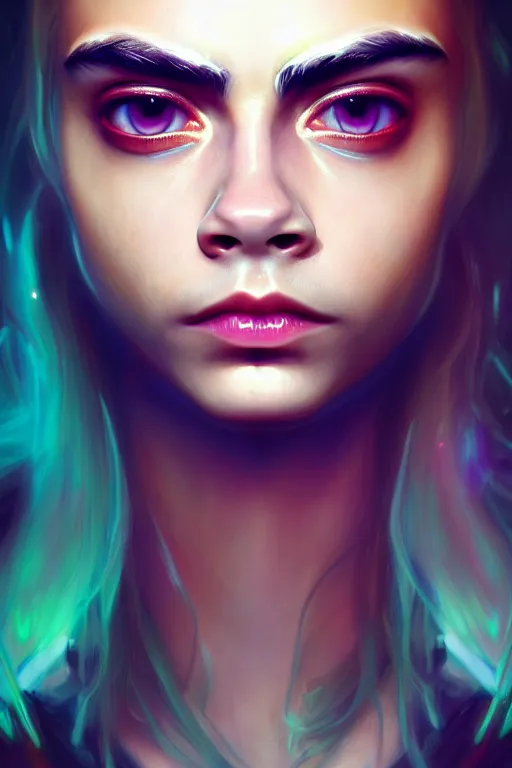 Prompt: a portrait of cara delevingne like frog makeup, cyberpunk, fantasy, neon lights, sharp focus, intricate, elegant, digital painting, artstation, matte, highly detailed, concept art, illustration, ambient lighting, art by ruan jia and artgerm and range murata and wlop and ross tran and william, adolphe bouguereau and beeple