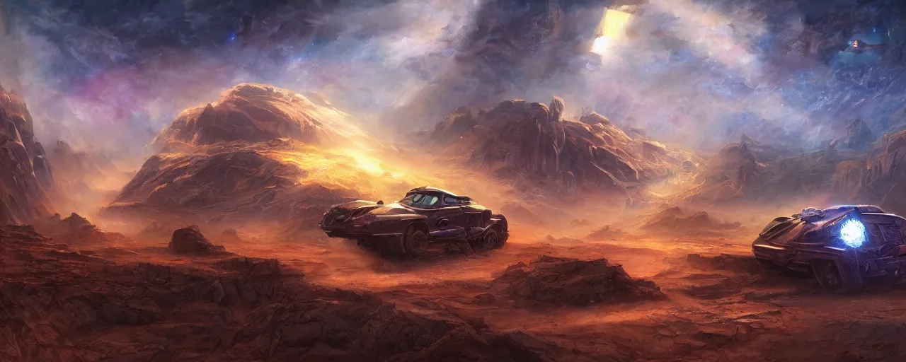 Image similar to cinematic vehicle in retro scifi landscape, beautiful colours, sharp textures, nikolay georgiev, alex ross, bruce pennington, donato giancola, larry elmore, masterpiece, oils on canvas, trending on artstation, featured on pixiv, cinematic composition, sharp, details, hyper - detailed, hd, hdr, 4 k, 8 k