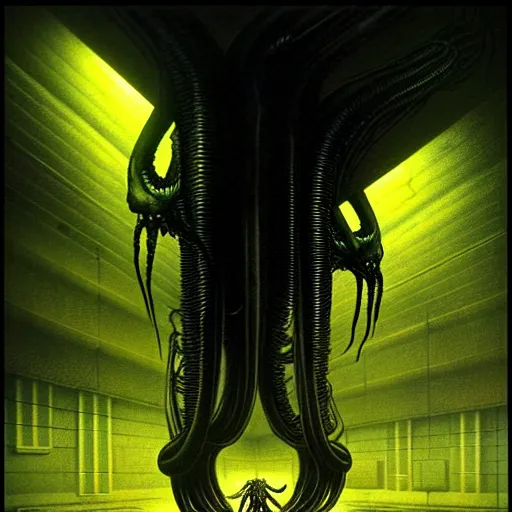 Image similar to black glossy xenomorph, alien movie, endless abandoned office cubicles, pale yellow wallpaper, moist brown carpet, dim fluorescent lighting, artstation, ultra detailed, creepy, dramatic lighting, photorealistic, art by h. r. giger and chris foss and beksinski