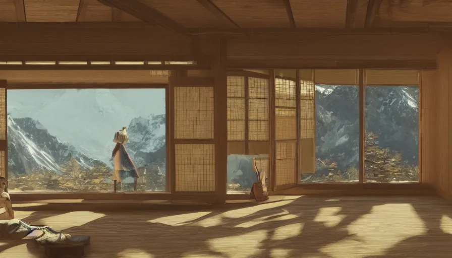 Image similar to woman on the floor looking mountains through windows in old japanese house built on mountains, hyperdetailed, artstation, cgsociety, 8 k