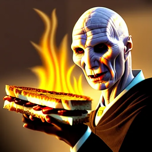Prompt: voldemort eating a sandwich and sitting in a fire, stylized, artstation, hd, cgsociety, cgi, realistic, dramatic, cinematic, artistic, trending, detailed