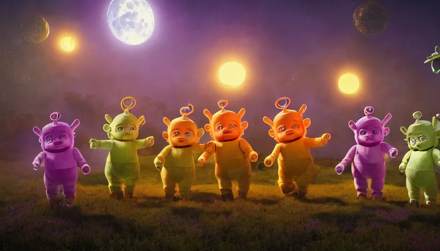 Prompt: steampunk teletubbies dancing in the moonlight, ultra realistic, concept art, intricate details, photorealistic, octane render, 8k, unreal engine, art by Alex Broeckel, Majentta, Khorghill, Adam Burn