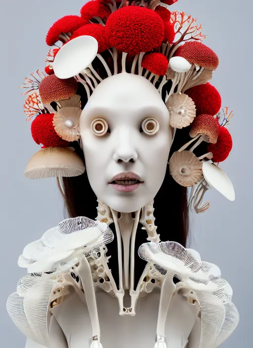 Prompt: beautiful porcelain ivory woman biomechanical cyborg, elegant haute couture, iris van herpin, laser cut foliage mesh, headdress with daisies, colorful puffballs, mushrooms, rhizomorphs, brackets, sponge corals, red plump lips, hyper detailed, ultra sharp, soft light, 8 k, uhd