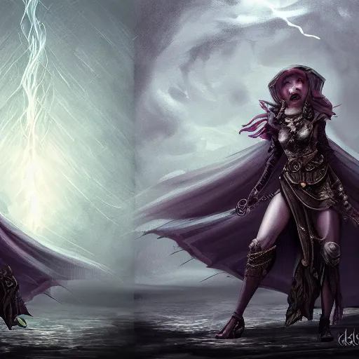 Image similar to a tarot card of a two female necromancers casting spells, ominous nighttime storm, fantasy, d & d, intricate, elegant, highly detailed, digital painting, artstation, concept art, matte, sharp focus, illustration