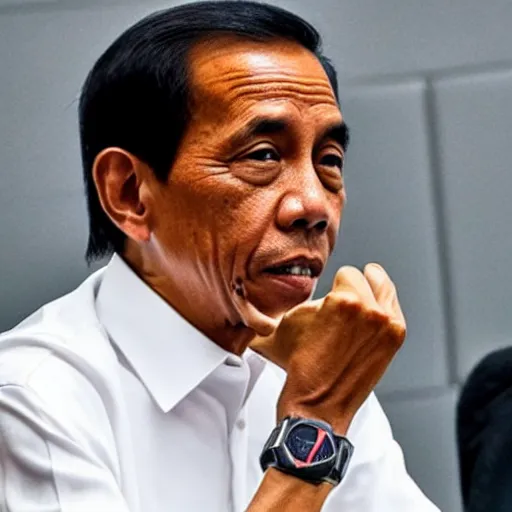 Image similar to Jokowi showing off wearing gshock watch in a meeting, photorealistic