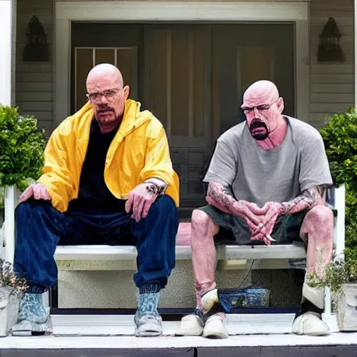 Prompt: walter white and thanos sitting on a porch talking about life, smoking, detailed,