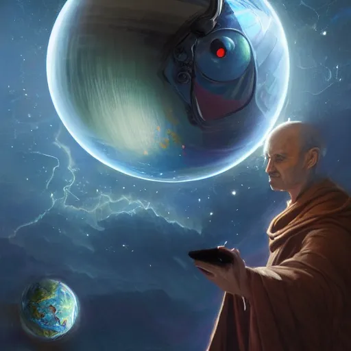 Image similar to creator of worlds wearing a cloak, masked, and holding a holographic planet projection in his hand, detailed, sci - fi, digital painting, artstation, sharp focus, illustration, ominous, artgerm, syd mead, tomasz alen kopera, peter mohrbacher, donato giancola, joseph christian leyendecker, wlop, frank frazetta