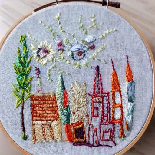 Image similar to a tiny beautiful handmade embroidery of a city. hand embroidery.
