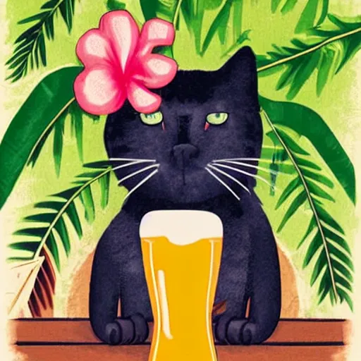 Prompt: a cat wearing a hawaii shirt drinking a beer at an outdoor bar in stockholm, digital art