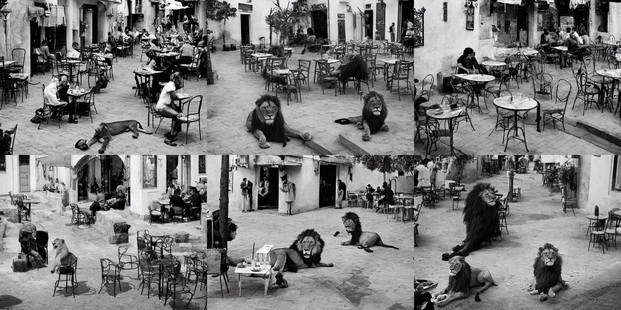 Prompt: Un Lion à la terrasse d'un café à Rabat. Street photography, Henri Cartier Bresson.