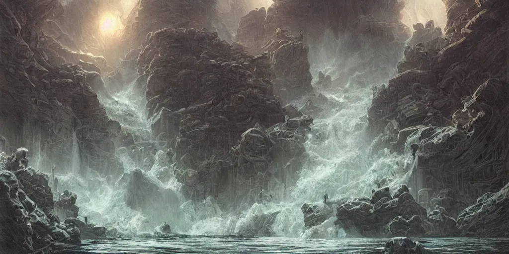Prompt: a dam, breaking, powerful water flowing, incredible detail, massive giant atmosphere, by moebius and mohrbacher, incredible concept art masterpiece