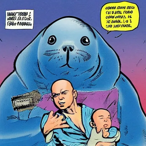 Image similar to giant blue baby baby seal goes in vietnam, comix by dave gibbons and john higgins