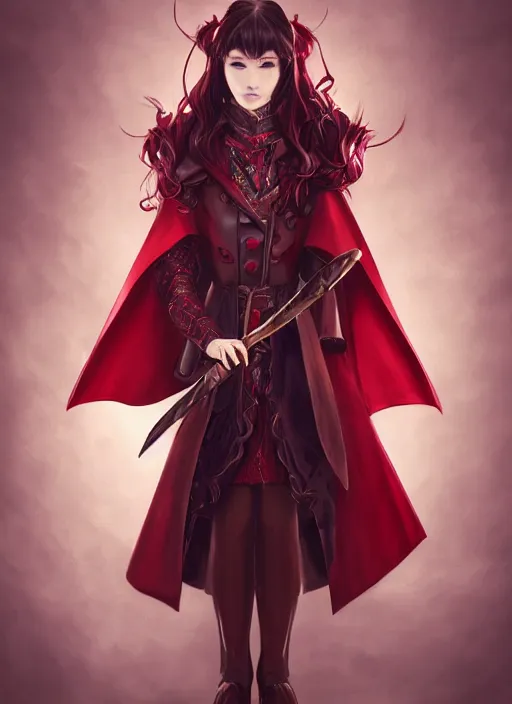Prompt: a highly detailed illustration of beautiful long dark red haired japanese woman wearing wine red epaulette uniform and coat cape, dramatic wielding strings pose, intricate, elegant, highly detailed, centered, digital painting, artstation, concept art, smooth, sharp focus, league of legends concept art, wlop