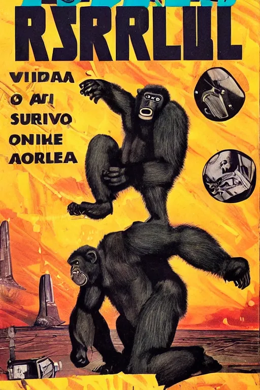 Prompt: a dark retro sci-fi paperback cover from 1967 showing a robot gorilla