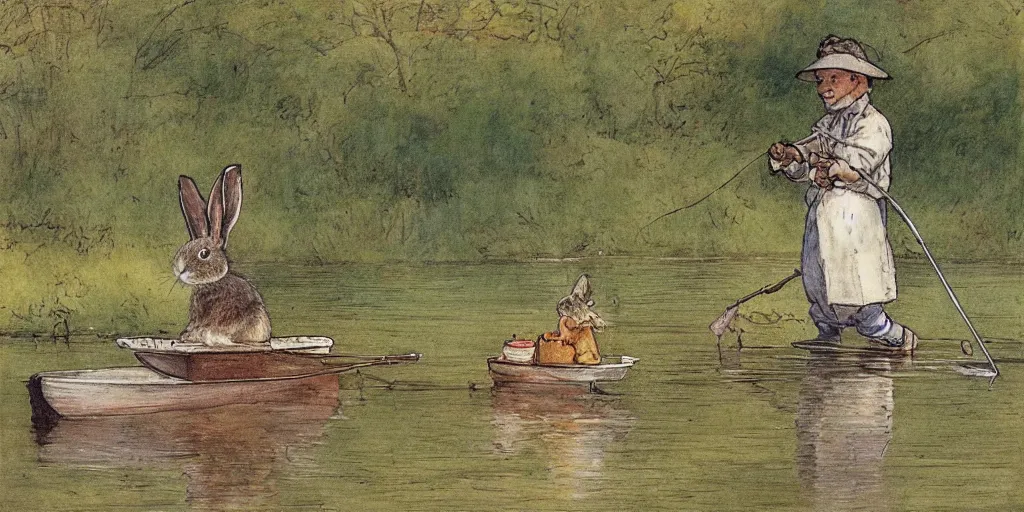 Prompt: a rabbit fishing by a calm lake, in the style of carl larsson