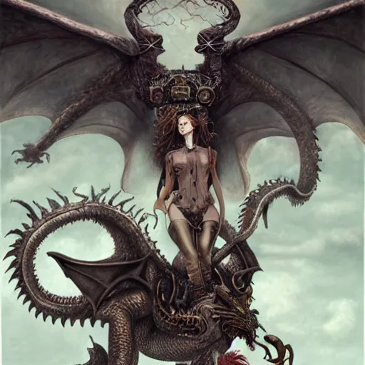 Prompt: a hyperrealistic portrait painting of a beautiful woman with demonic horns wearing steampunk goggles, flying on the back of a dragon into the apocalypse, by santiago caruso, highly detailed,