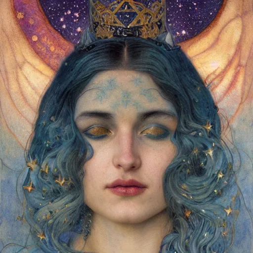 Image similar to queen of the moon with stars in her hair, by tino rodriguez and annie swynnerton and nicholas roerich and jean delville and donato giancola and tom bagshaw and lucien freud, dramatic lighting, floral tattoos, rich colors, smooth sharp focus, extremely detailed, adolf wolfli