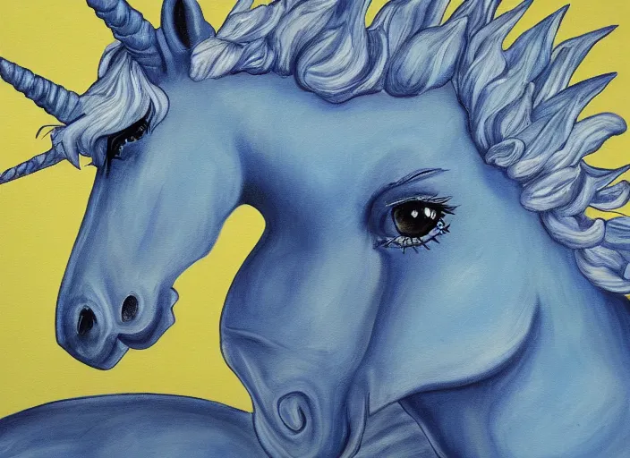 Image similar to a blue unicorn painting a self portrait, high details, 4 k, sharp fucos