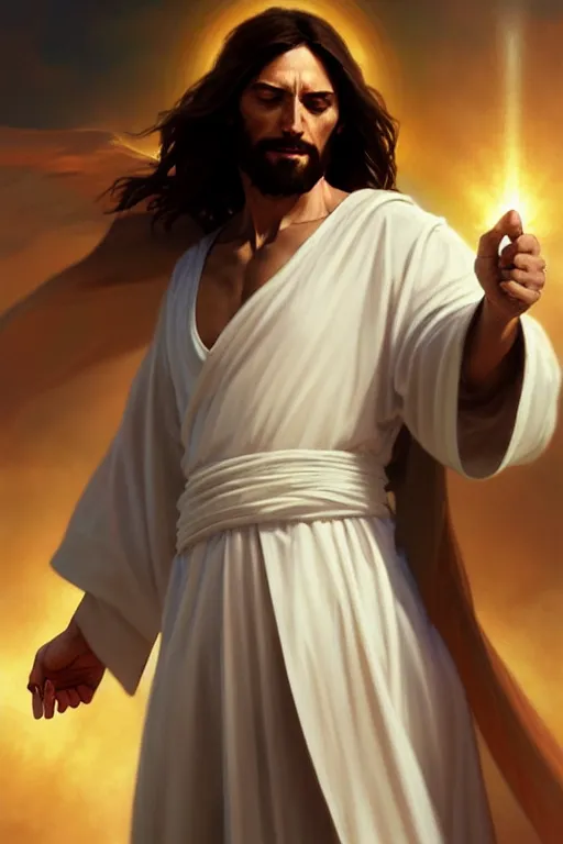 Image similar to jesus christ in a white robe and holding a handgun in an action pose, highly detailed, digital painting, artstation, concept art, smooth, sharp focus, illustration, cinematic lighting, art by artgerm and greg rutkowski and alphonse mucha