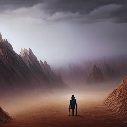 Image similar to A lonely slenderman walking a corrupted crystal desert by Jacek Yurka, Carl Gustav Carus, 8k, ultra realistic painting, trending on artstation