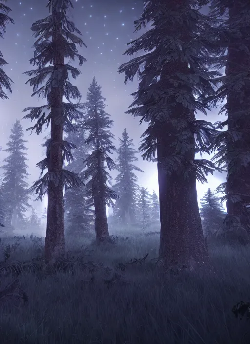 Prompt: strange lights in dark forest ; unreal engine ; wide angle ; highly detailed